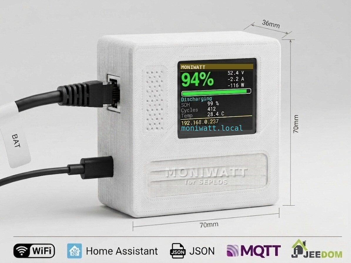 Seplos Monitor box with colour screen showing pack state of charge, voltage and current