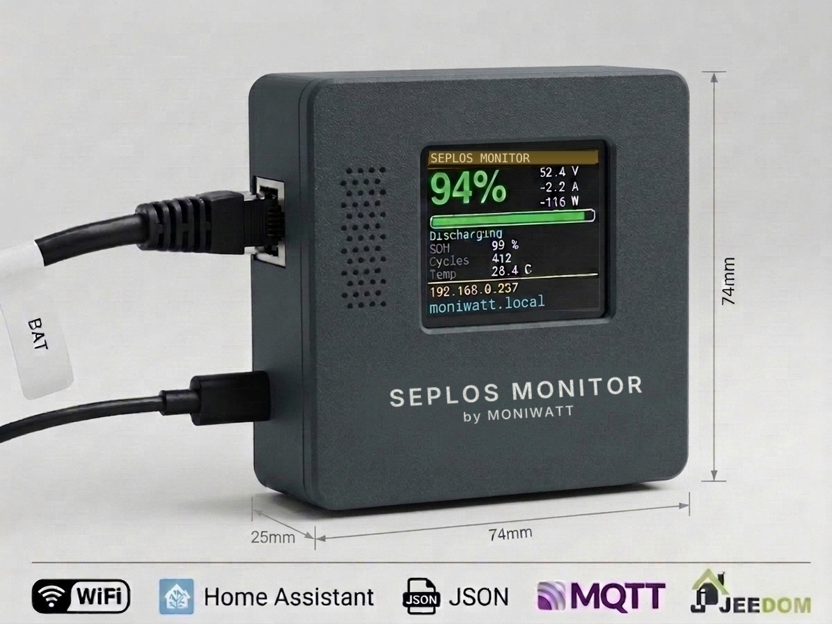 Caja Seplos Monitor con pantalla a color que muestra el estado de carga, la tensión y la corriente del pack